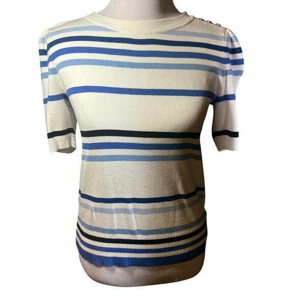 Talbots Womens Small  Pullover Sweater Short Puff Sleeve Blue White Stripe Retro - Picture 1 of 7
